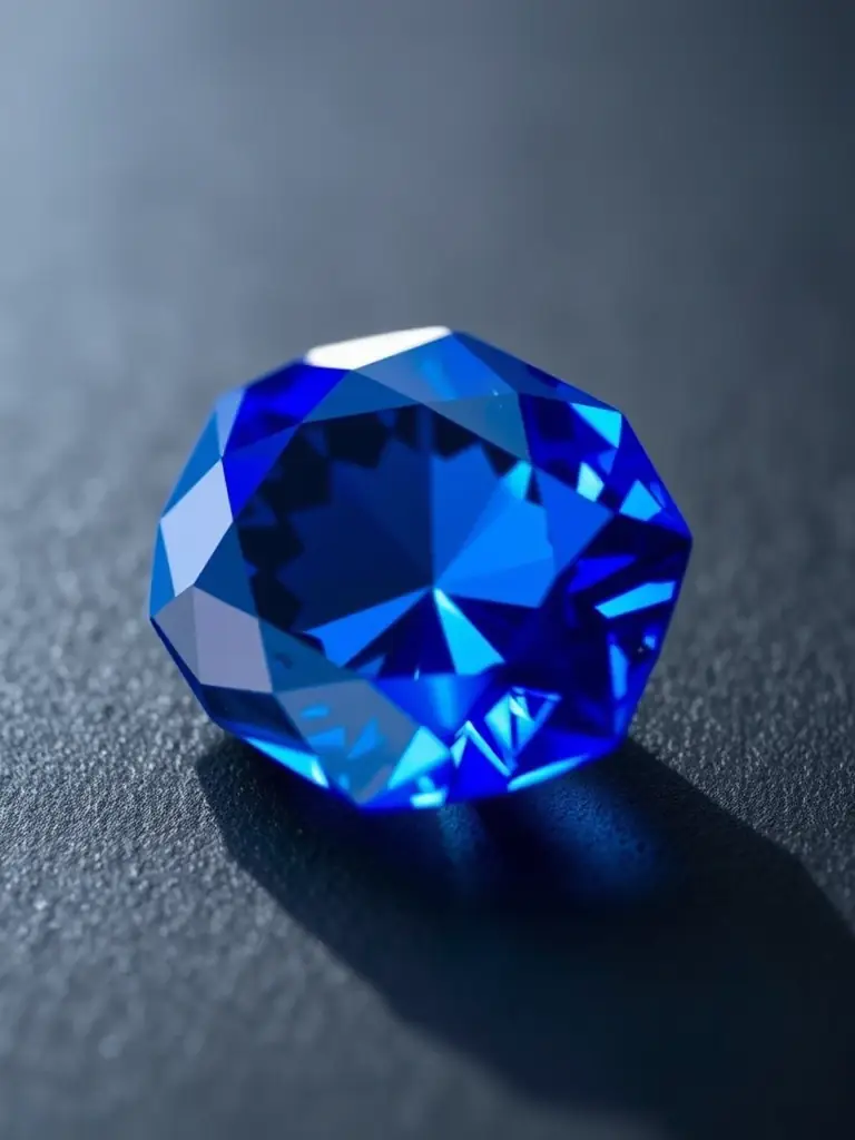 A close-up shot of a vibrant blue sapphire, showcasing its clarity and cut, set against a dark background to emphasize its color, intended to highlight the quality of sapphires available at AKIHIRO GEMS.