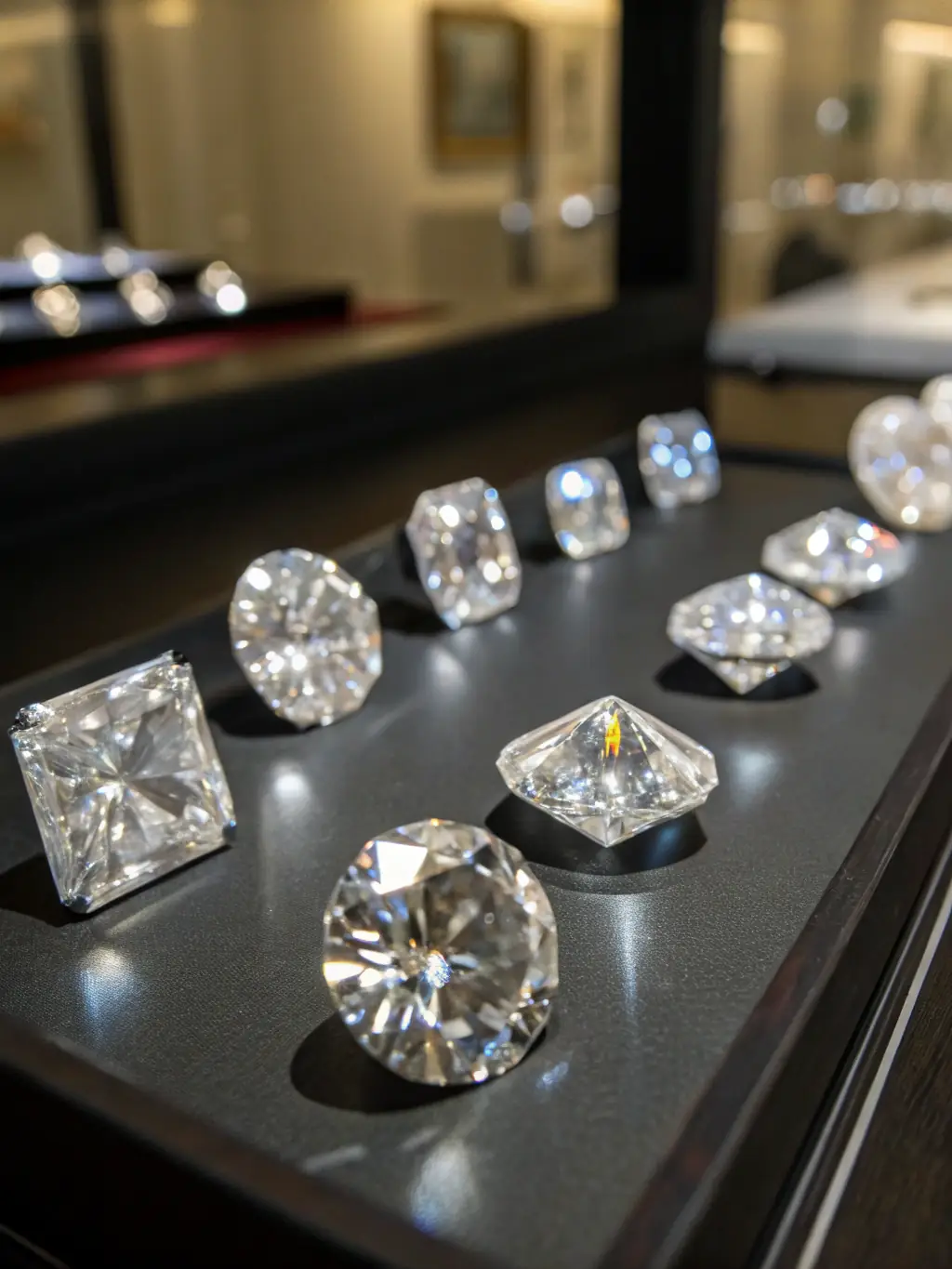 A photograph of a selection of sparkling diamonds, varying in size and cut, displayed on a light background to maximize their brilliance, representing the range of diamonds available for custom jewelry designs at AKIHIRO GEMS.