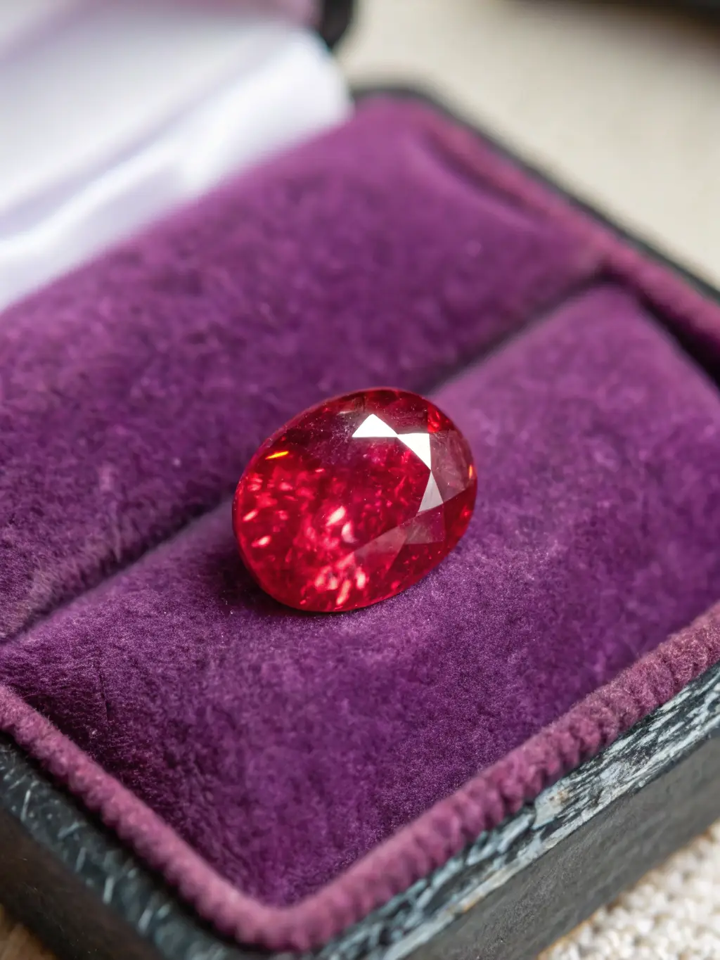 A high-resolution image of a fiery red ruby, showcasing its intense color and clarity, with a focus on its facets to demonstrate the quality of the cut, used to attract customers interested in high-quality rubies at AKIHIRO GEMS.